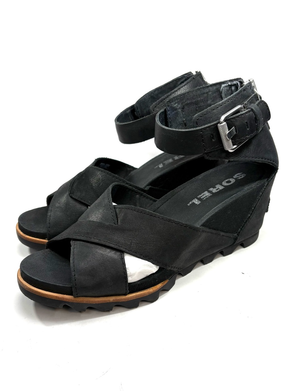 Sorel Black Leather Wedge Sandals | 9.5